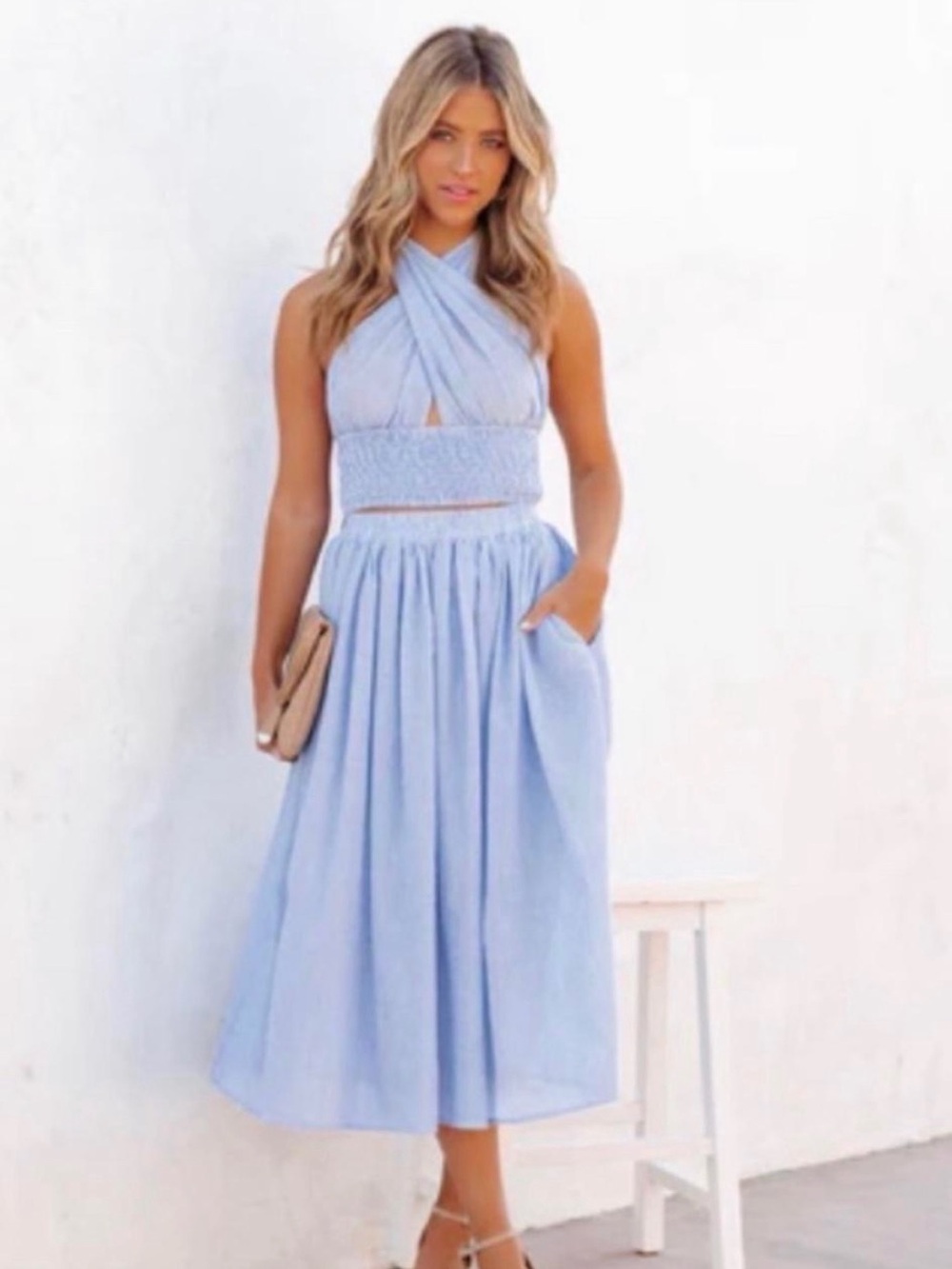 Light Blue Striped Midi Skirt NWT